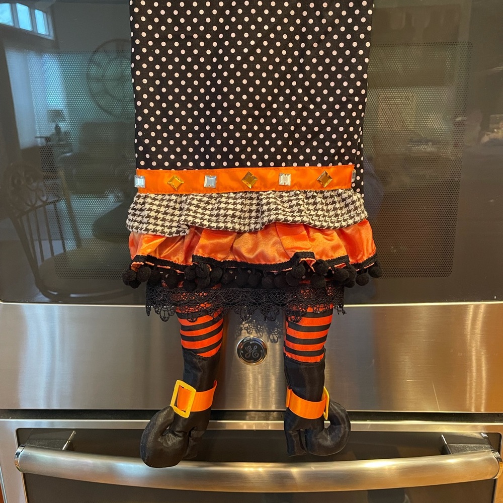 Black, White & Orange Polka Dot Witch Leg Decorative Towel